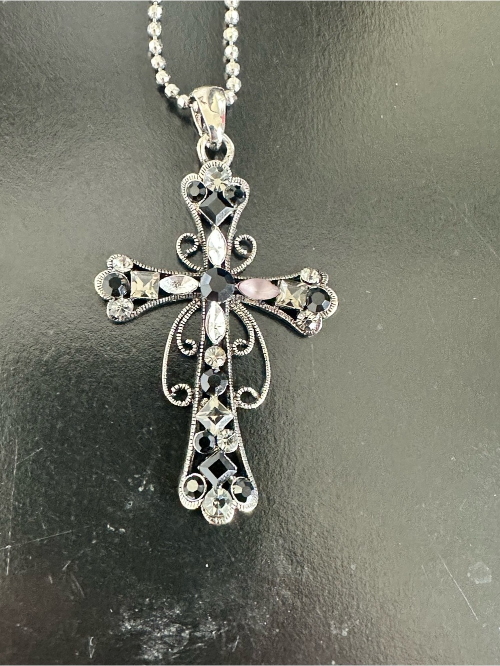 Black Crystal Cross Pendant Necklace - Classic Silver-Tone Accent